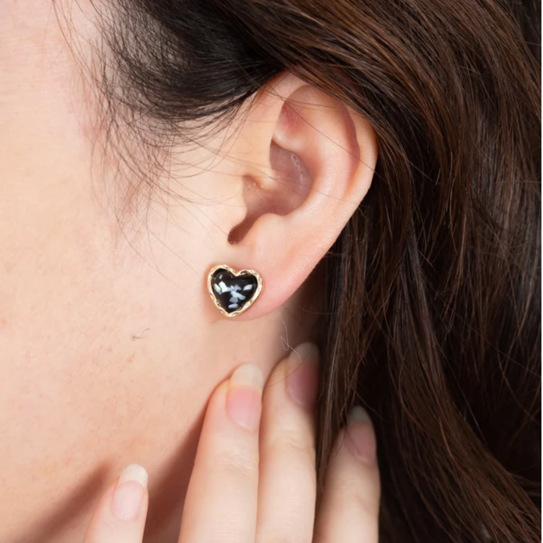 Gold & Black Heart Stud Earrings