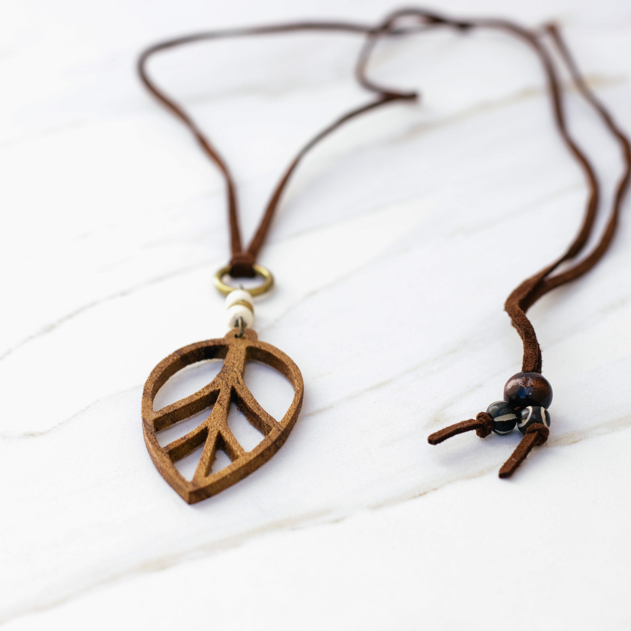 Coostuff Women's Long Leaf Pendant Necklace - Wooden Choker With Wax String Chain, Zinc Alloy, Trendy Bohemian Jewelry